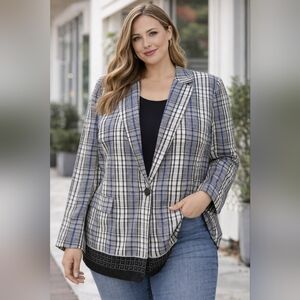 Nine West Plaid Blazer XXL Neutral Windowpane Oversized Chic